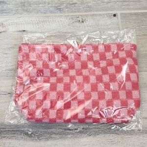 Pink Checkered Large Makeup Toiletry Clutch Zipper Pouch